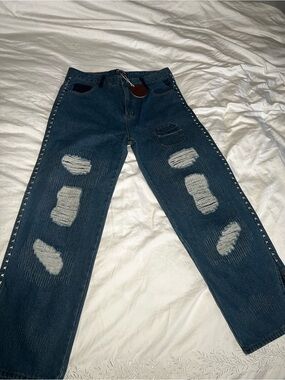Men's Dark Blue Distressed Straight-Leg Jeans The Hideout Clothing